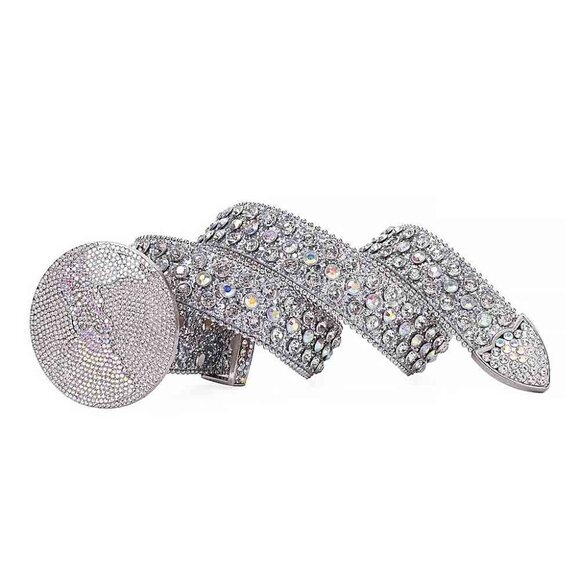 Globe Style World Buckle Silver White Strap With White  Multi Studded Rhinestone - Picture 4 of 5